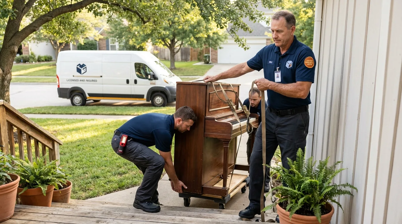 Licensed piano movers securing grand piano in Columbia, NC