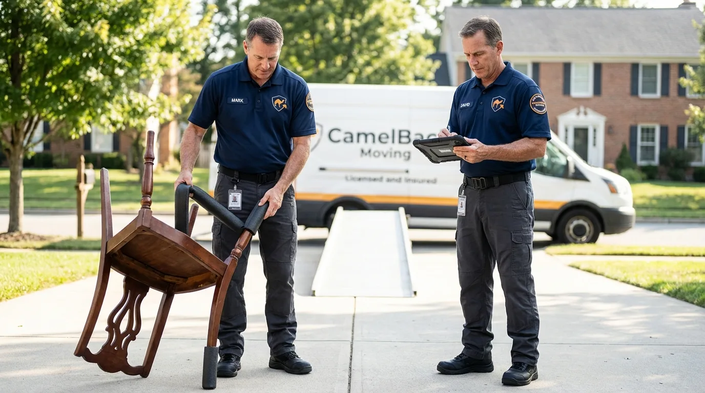 Movers inspecting furniture for damage prevention before loading in Columbia, NC